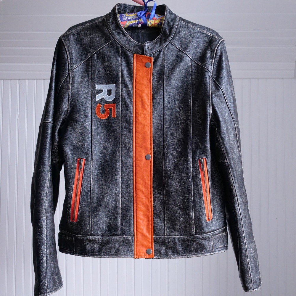 y2k Private Divisions orange and black cafe racer leather jacket
